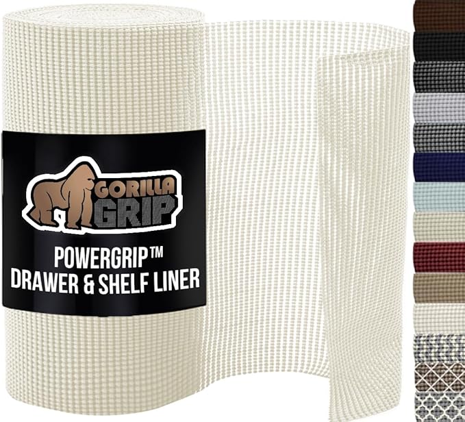 GORILLA GRIP powerGRIP Drawer Shelf and Cabinet Liner, Thick Strong Hold, Non-Adhesive Liners Protect Kitchen Cabinets and Cupboard, Bathroom Drawers, Easy Install, Breathable Mat, 20" x10' Snow White