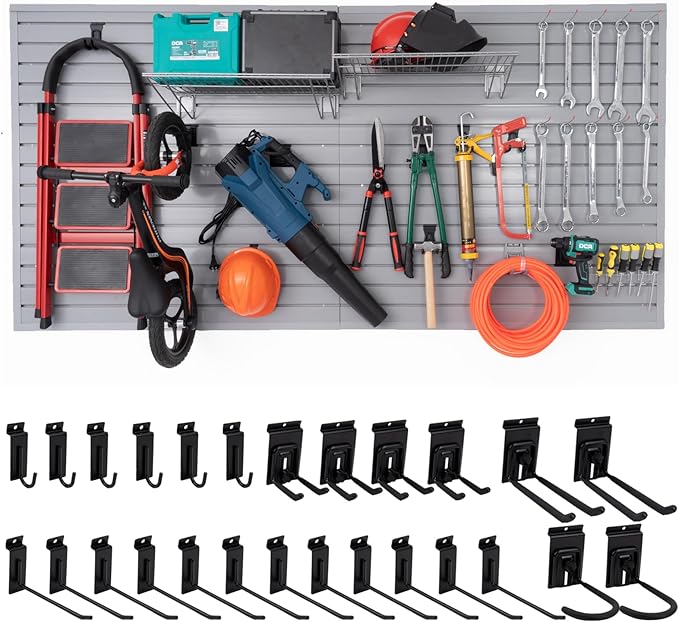 Slatwall Panels 4'x8' Garage Slat Wall Storage Systems with 26 Slatwall Accessories, PVC Grey Slat Wall Paneling for Retail Display, Garage Storage, Guitar Shop, Home Storage