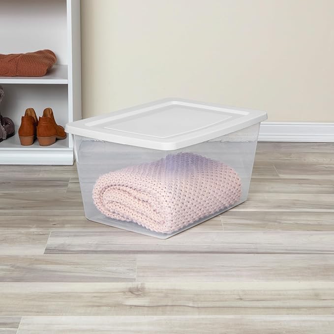 Sterilite 12 Pack Storage Boxes, Clear Plastic Stackable Containers, Lightweight Home Organizers with Snap Lids, 58 Quart, White