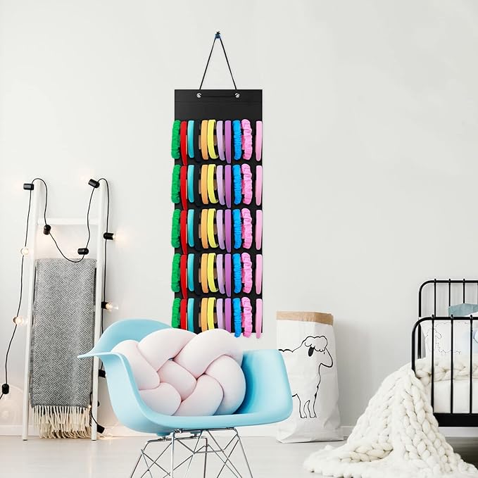 Tudomro Hanging Headband Holder for Girls Felt Hair Accessories Organizer with 60 Elastic Bands Bow Hanger for Girls Hair Bows Without Headbands(Plain Style,Black)