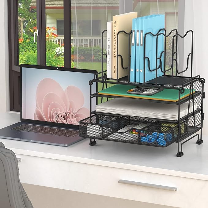 Mesh Desk Organizer, 3-in-1 Desktop Organizer with 3 Tier Tray and 5 Upright Sections, File Organizer for Desk with Sliding Drawer, Black