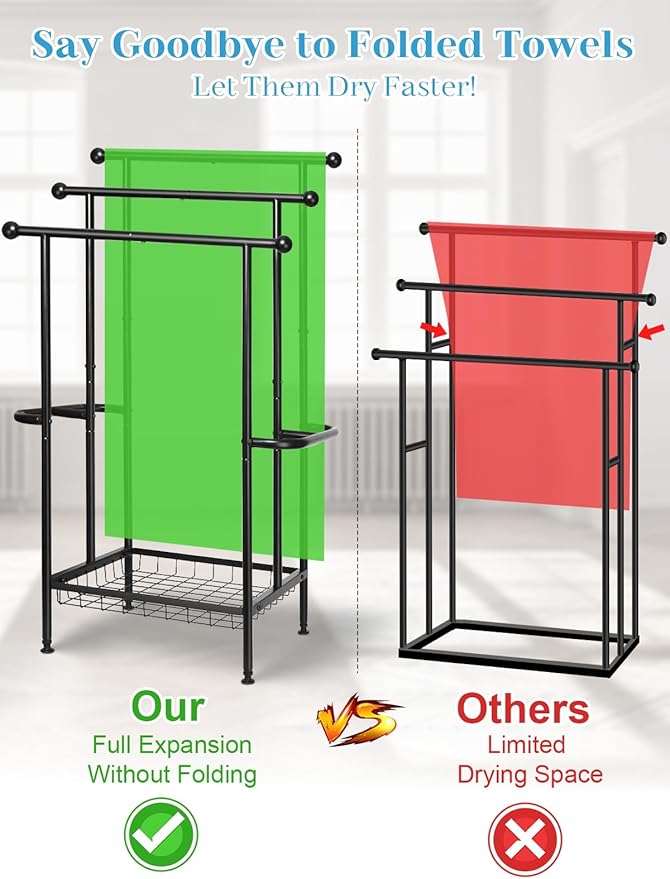 Haturi Free Standing Towel Rack for Bathroom, 39" Black 3-Tier Rust-Resistant Outdoor Towel Drying Rack for Pool, Metal Blanket Rack Holder with Storage Basket for Oversized Bath Towels