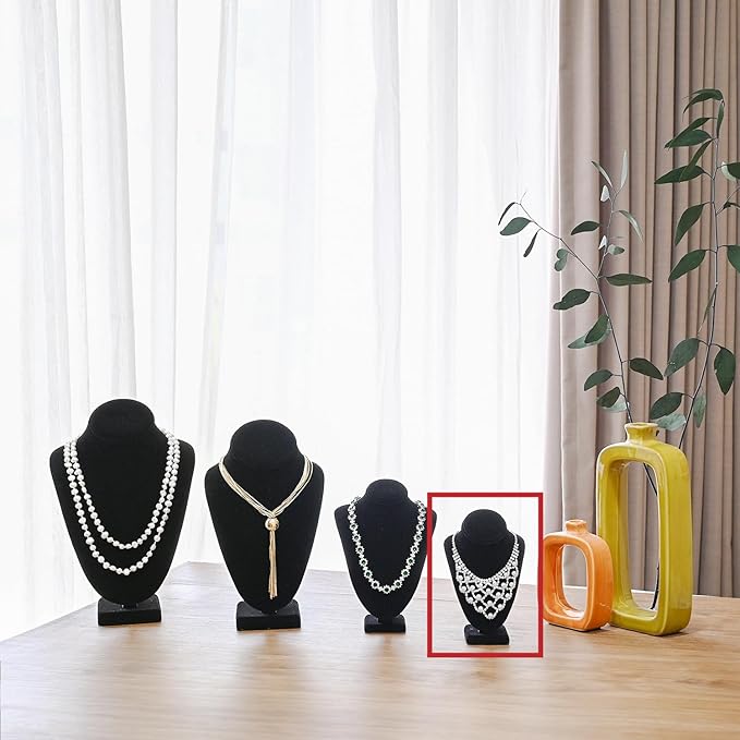 MOOCA 2-Piece Black Velvet Necklace Bust Display Set - Adjustable Hook - Jewelry Mannequin Stand for Necklaces & Chains up to 16-6 1/4 in H