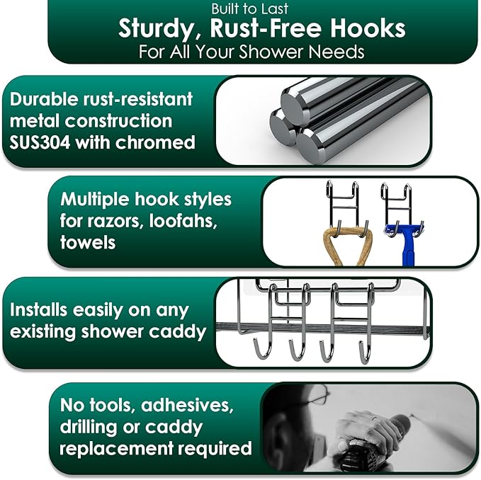 Shower Caddy Shelf Basket Rack Hooks Stainless Steel Metal Bathroom Hangers Hanging for Loofah Robe Massage Towel Squeegee Sponge Razor 2 Pack
