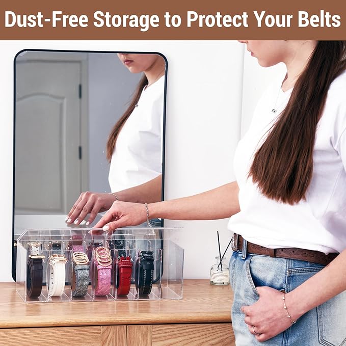 Acrylic Belt Organizer for Closet - 7 Compartments With Dust Cover Transparent Storage Holder | Display Case for Makeup, Jewelry, Watches, Bow Tie, & Bracelets | Multipurpose Clear Containers
