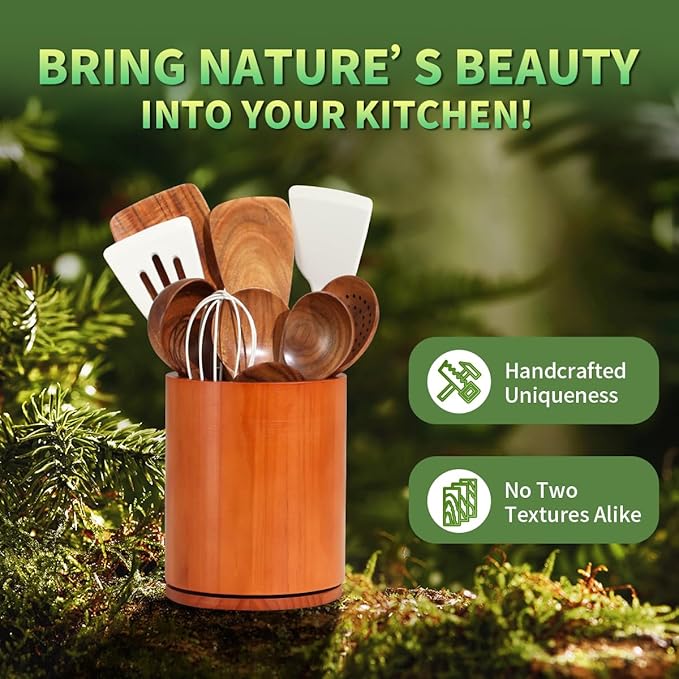 Wooden Utensil Holder, 360°Rotating 7.3'' Large Utensil Holder for Kitchen Counter, Kitchen Utensil Organizer, Utensil Crock, Farmhouse Kitchens Countertop Decor, Cherry