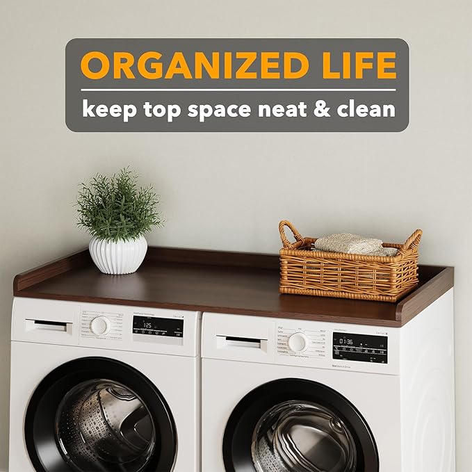 SpaceAid Washer Dryer Countertop, Laundry Wood Shelf Topper with Edge, 54" Width x 27.5" Depth Cover Guard Organizer for Washer and Dryer Laundry Hamper Counter Storage Organization (Brown Wood)