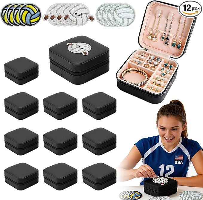 12-Pack Volleyball Portable Jewelry Box And DIY embroidery patches for Team Travel, Black Sport Jewelry Case Bulk Gifts for Volleyball Team Athletes, Players, Coaches, Banquets & Birthdays