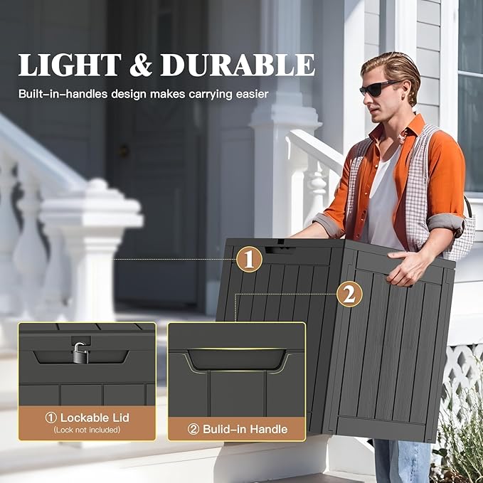 Outdoor Storage Box, Deck Box Waterproof 35 Gallon, Resin Outside Storage, Storage Bin for Package Delivery, Patio Furniture Cushion, Pool Accessories, Weatherproof and UV Resistant, Black