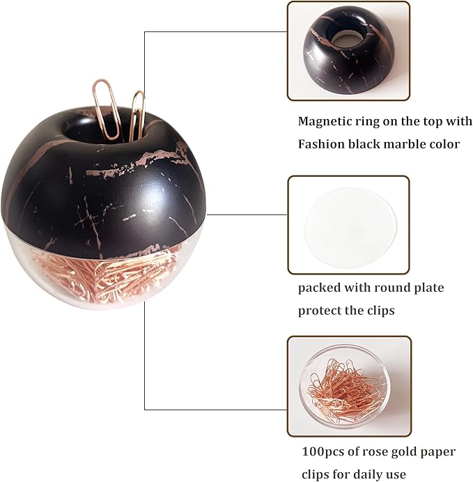 Magnetic Paper Clip Holder, Black Marble Holder with Rose Gold PaperClips 100pcs 28mm(1.1") Cute Office Supplies for Desk Organizer