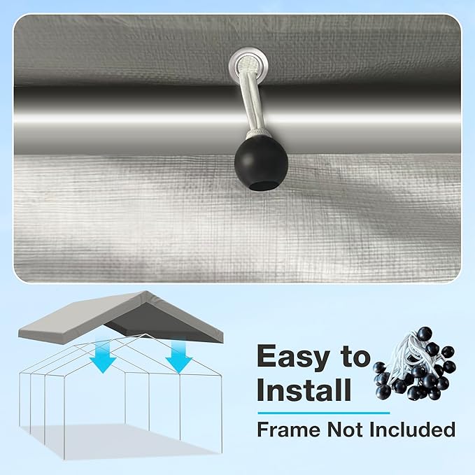 12x20 FT Carport Replacement Canopy Top Upgraded Car Port Canopy Cover for Carport Party Tent Waterproof & UV Protected, Easy Installation with Ball Bungees, Grey (Top Cover Only, Frame Not Included)