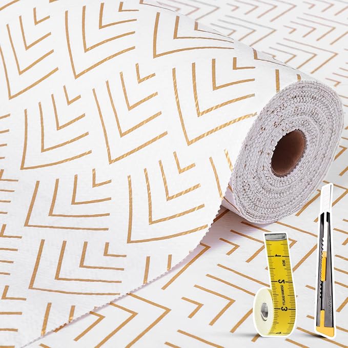 Shelf Liner for Kitchen Cabinets Non Adhesive Drawer Liner Gold Arrow Non-Slip Thickened Shelf Liner Paper Strong Easy to Clean for Tool Box Refrigerator with Knife and Tape Measure 23 inche x 20 feet