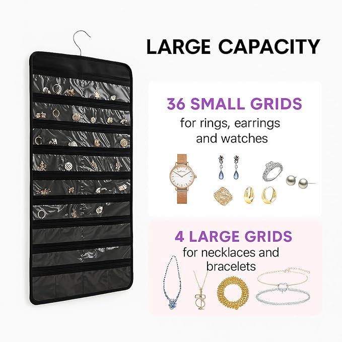Hanging Jewelry Organizer, Double-Sided 48 Pockets, Closet & Hook Jewelry Storage, for Earrings, Necklaces, Bracelets, Rings & Pendants, Necklace Holder/Hanging Earring Organizer, White