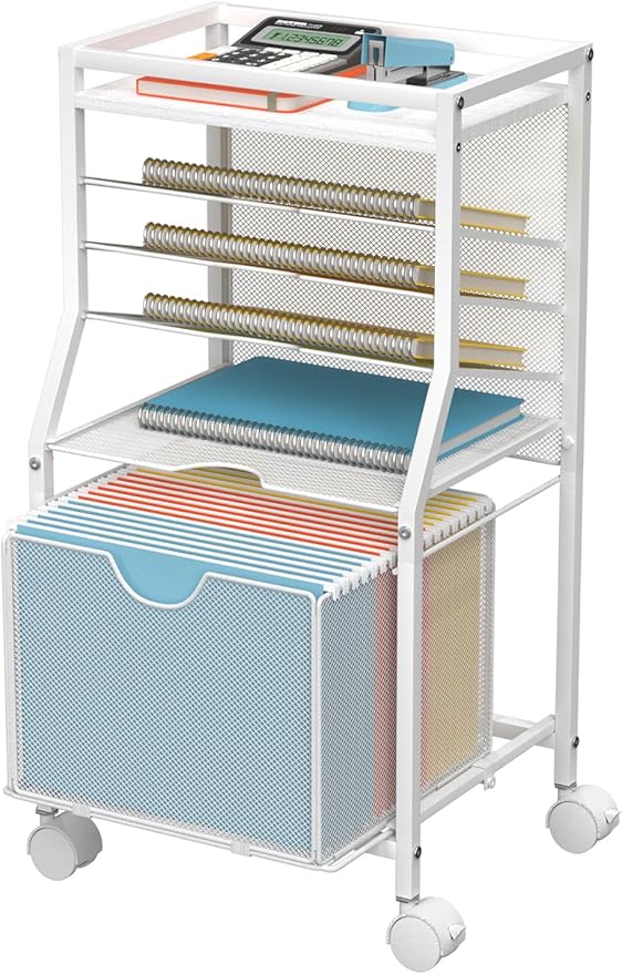 Rolling File Cart, 6-Tier Desk File Organizer on Lockable Wheels, White Wood Planks & Mesh Sliding Hanging Folder Drawer, Organization Cart for Office Home School