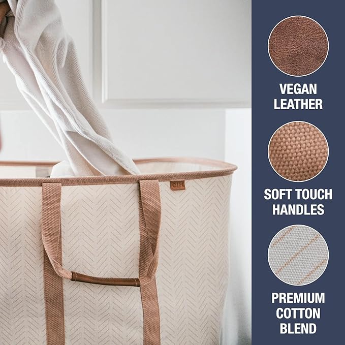 CleverMade Collapsible Laundry Caddy – Foldable Laundry Hamper & Tote, XXL 64L Pop-Up Laundry Basket with Handles, Space-Saving Laundry Organizer for Home & Travel, 2 Pack - LUXE Cream Herringbone