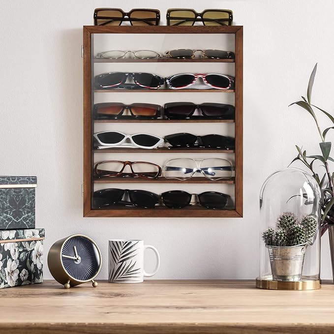 TJ.MOREE Sunglasses Organizer Storage Wall Mounted: 13 x 15.6 inches Eyewear Display Case Rustic Wood Eyeglasses Holder Large Glasses Storage Box, Brown