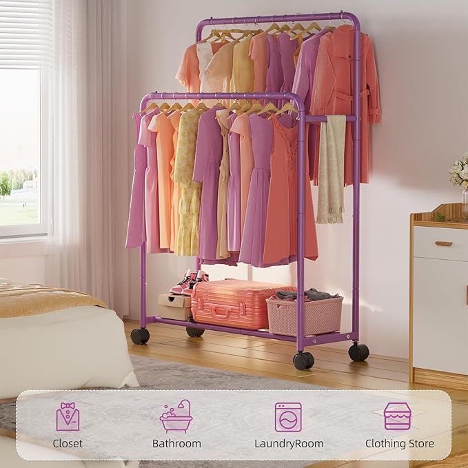 Simple Trending Clothing Clothes Rack Double Rods with Wheels, Rolling Metal Garment Rack for Hanging, Purple