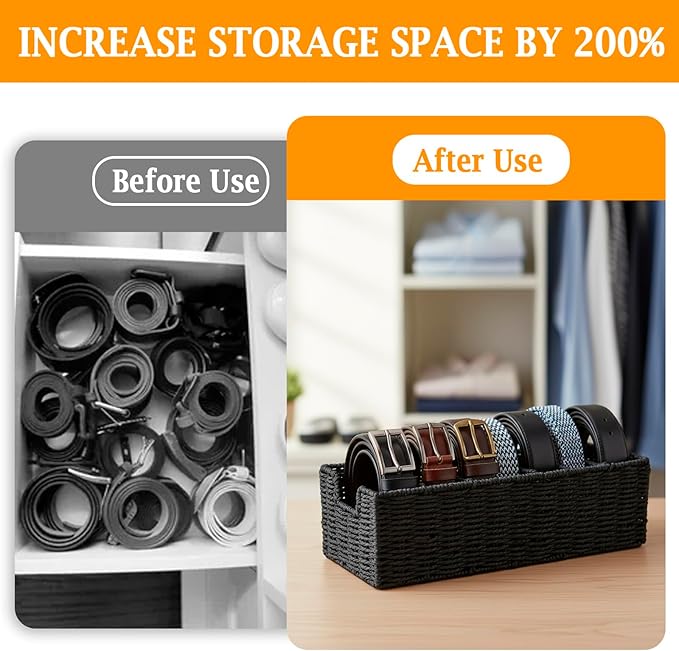Rattan Belt Organizer for Closet, 6-Compartment Bamboo Tie and Belt Storage Box, Natural Belt & Tie Case Holder for Dresser Drawer-Black