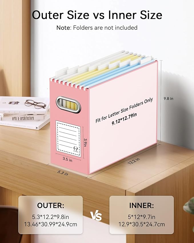 Oterri Cardboard File Organizer Box for Hanging File Folders Letter Size,File Box for Computer Desk,File Cabinet,Working Home,Office,Classroom(Pink,Letter Size - 2 Packs)