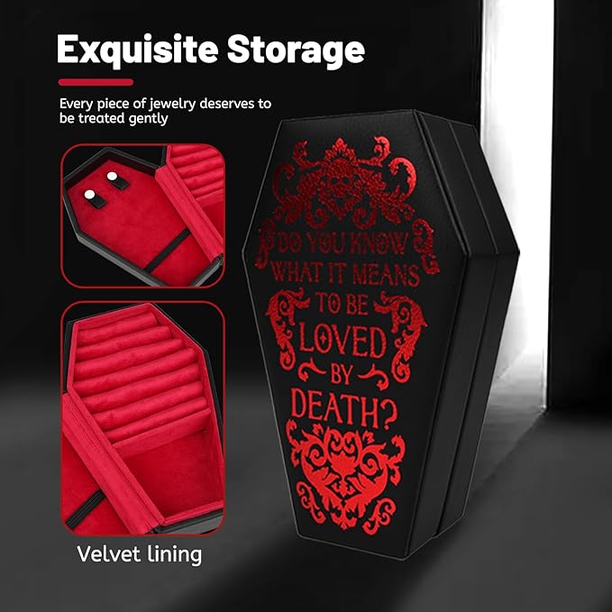 Gothic Velvet Coffin Jewelry Box, Travel Case Versatile Organizer for Rings, Necklaces, Earrings (Black)