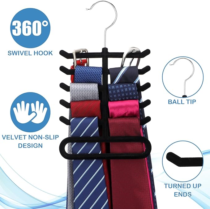 Kathfly 8 Pcs Black Velvet Tie Hanger 360° Rotatable Non Slip Hook Flocked Tie Rack Belt Organizer for Belts and Scarves