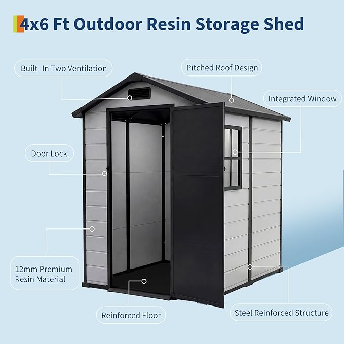 4x6 FT Outdoor Storage Shed with Floor, Plastic Resin Garden Shed with Window & Sloping Roof & Lockable Door for Patio Backyard Garden, Lawn Mower, Bike, Tool Storage