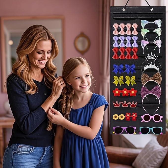 Hanging Hair Claw Clips Organizer, 31.4 x 12 inch Hair Clip Organizer for Women for Closet and Wall Option for Fashion Lovers and Home Organizers (Black)