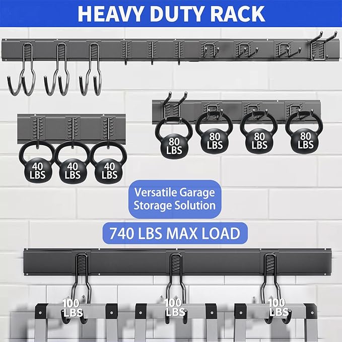 Shed Tool Organizer Wall Mount, 64inch Heavy Duty Garden Tool organizer Storage System, Easy Install With 10 Adjustable Hooks, For Garage, Basement, Shed, Workshop(Black)