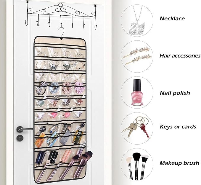 MISSLO Dual-sided Hanging Jewelry Organizer with 40 Pockets and 20 Hook & Loops Closet Necklace Holder for Earring Bracelet Ring Chain with Rotating Hanger, Beige