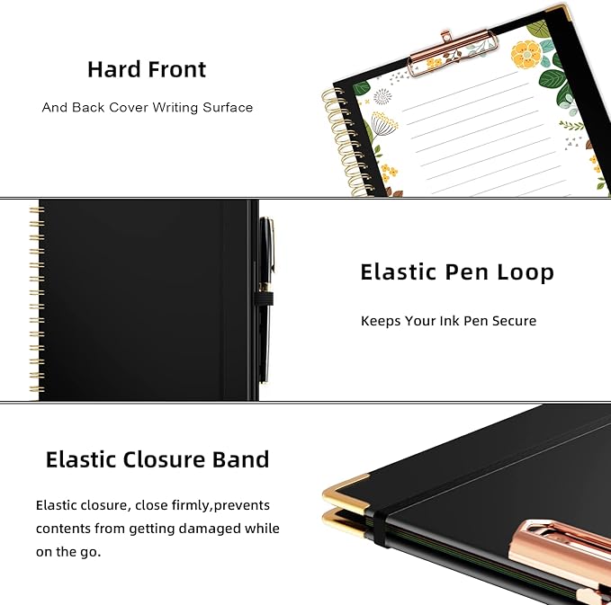 Ospelelf Clipboard with Storage 8.5 X 11，Padfolio Organizer, Spiral Portfolio Letter Size with Notepad, Pen Holder, 5 Extra Folder Divider Pages, Elastic Closure Nurse Office Essentials (Black)