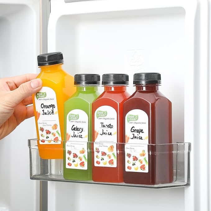 24 PACK, 12 OZ Reusable Plastic Juice Bottles with Caps, Plus 24 Labels & 2 Silicone Funnels - Clear Juicing Bottles for Juice, Smoothies, Ginger, Tea, Coffee - Food Grade & Leakproof Travel Bottles