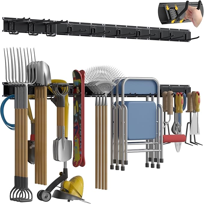 Garage Tool Organizer Wall Mount with 64 inches Rails and 10 Adjustable Heavy-Duty Hooks, Garden Tool Organizer, 14 Pack Carries 630 lbs, Heavy Duty Garage Storage Rack For Yard, Shed, Easy to install
