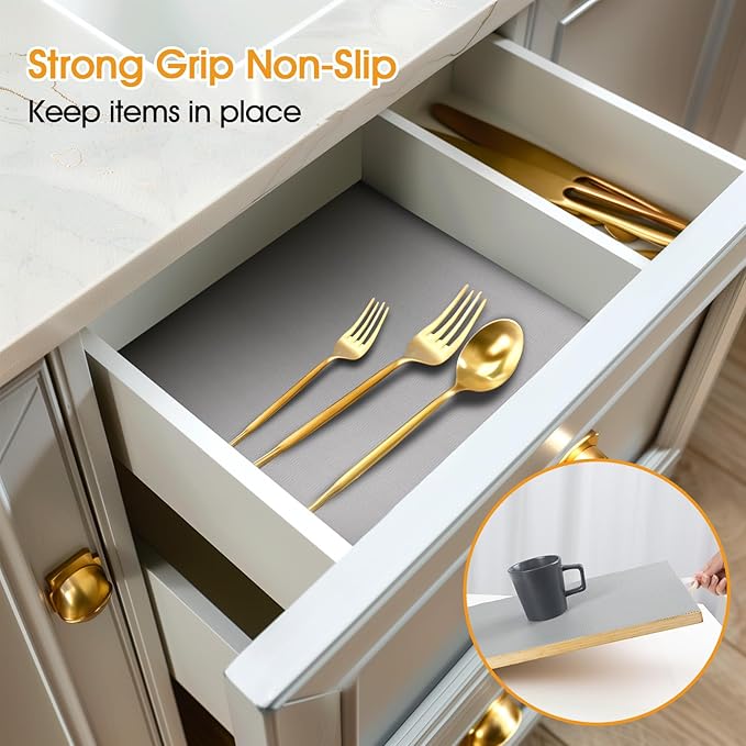Shelf and Drawer Liner for Kitchen Cabinets Non-Adhesive, Strong Grip Non-Slip Thickened Cabinet Liners for Shelves, Waterproof Mats for Dresser Cupboard, Pure Gray, 23 in x 10 Feet
