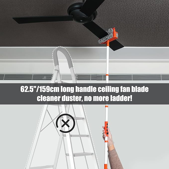 Qaestfy Ceiling Fan Cleaner Duster with 62.5‘’ Extendable Long Handle Ceiling Fan Blade Cleaning Tool, Reusable Chenille & Microfiber Mop Head for Dusting Ceiling Fan Baseboard Wall Floor