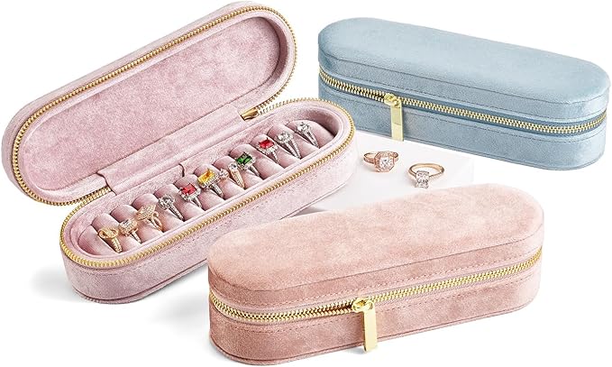 Velvet Ring Earrings Storage Box with 11 Slots, Ear Stud Holder, Zipper Closure Jewelry Organizer (Light Pink)