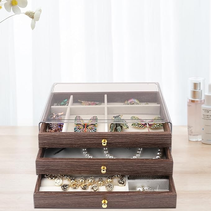 3 Layer Wooden Drawers Jewelry Box Vintage Style Jewelry Organizer with Acrylic Cover, Jewelry Storage Display Box for Ring Earrings Necklace Bracelet Box for Women and Girls Farmhouse Style Wood