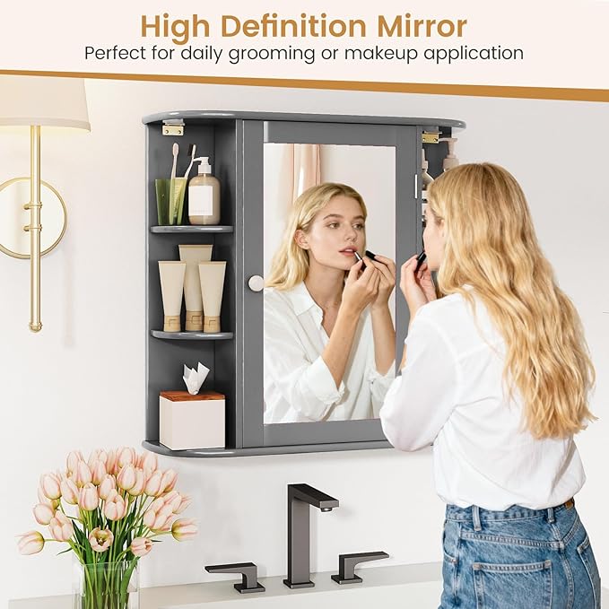 Tangkula Bathroom Wall Cabinet with Mirror, Modern Medicine Cabinet with Mirrored Door, 4 Internal Shelves & 6 Side Open Shelves, Wall Mounted Space-Saving Storage Organizer