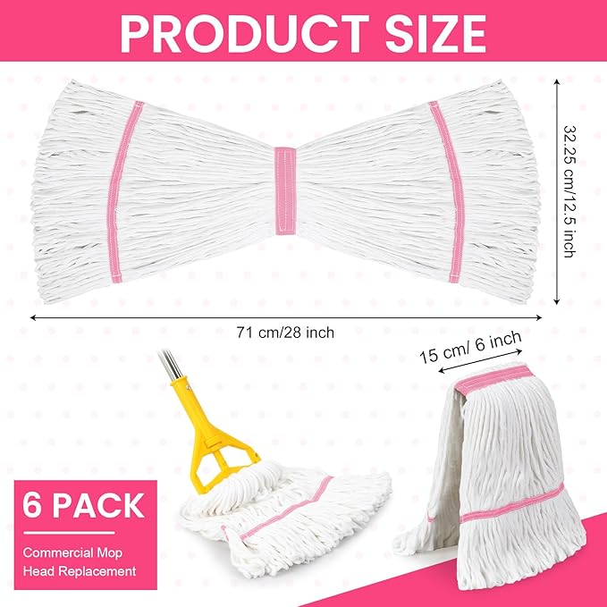 Eccliy 6 Pack Heavy Loop End Cotton String Mop Head Heavy Duty Mop Head Commercial Refills Replacement Bulk for Home Industrial Commercial Floor Cleaning (White,Pink)