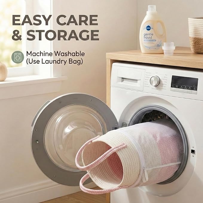 65L Extra Large Blanket Basket for Living Room - Woven Cotton Rope Laundry Hamper with Reinforced Handles - Storage Bin for Pillows, Comforters & Toys - Machine Washable,White&Pink