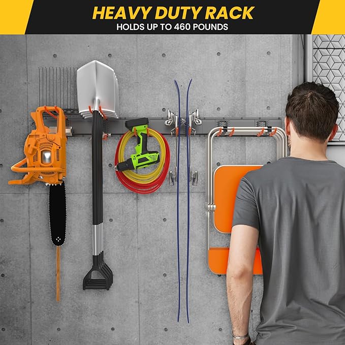 Garage Storage Organization Wall Mount, Garden Tool Organizer 48 Inches, Adjustable Heavy Duty Metal Hooks, Yard Tool Organizer Hold Up to 450lbs, Hanging Rake Broom Mop Snowboard (48 inch)