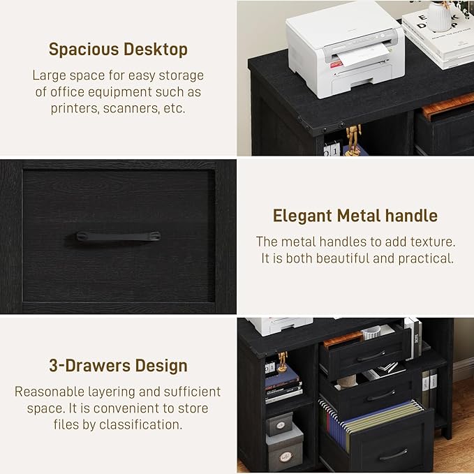 3 Drawer File Cabinet, Farmhouse Lateral Filing Cabinet Fits Files Letter or A4 Size, Wooden Printer Stand with Open Storage Adjustable Shelf for Home Office, Black