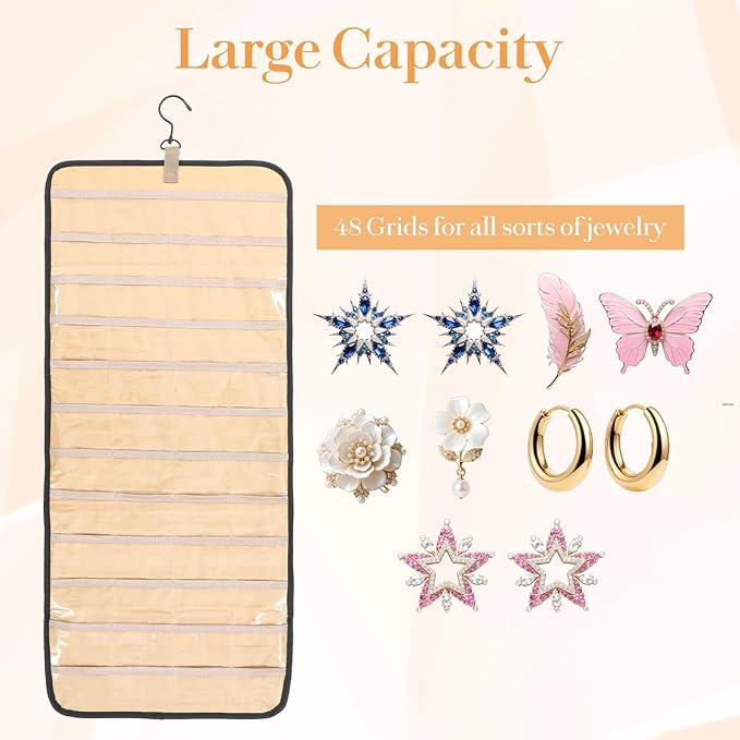 2 Pack Hanging Jewelry Organizer Storage Roll, with 96 Pockets 42 Necklace Hooks 33”x14” Double Sided Wall Mount Earring Holder Large Bracelet Display Hanger Storage Bag for Closet Door