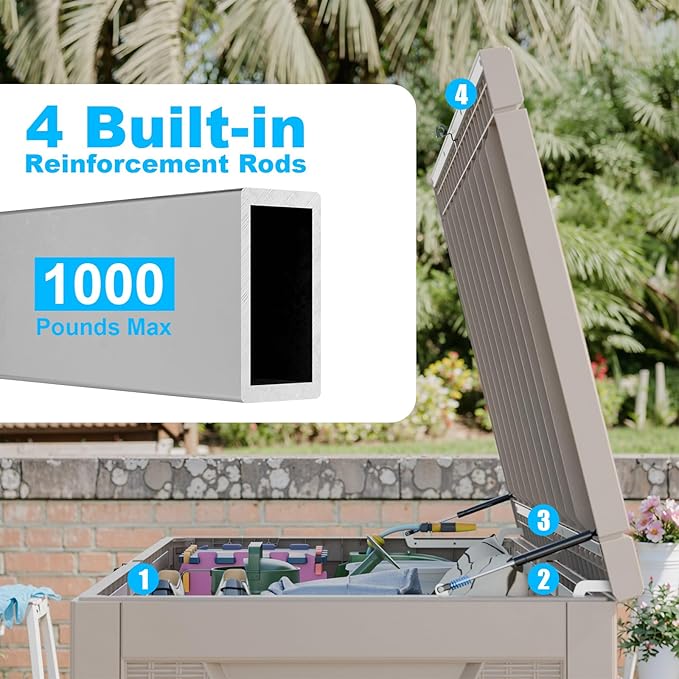 320 Gallon Outdoor Deck Box,Waterproof Resin Outdoor Storage Boxes, Outside Storage Lockable Container for Garden Tools,Indooor Cushions,Accessories (Grey)