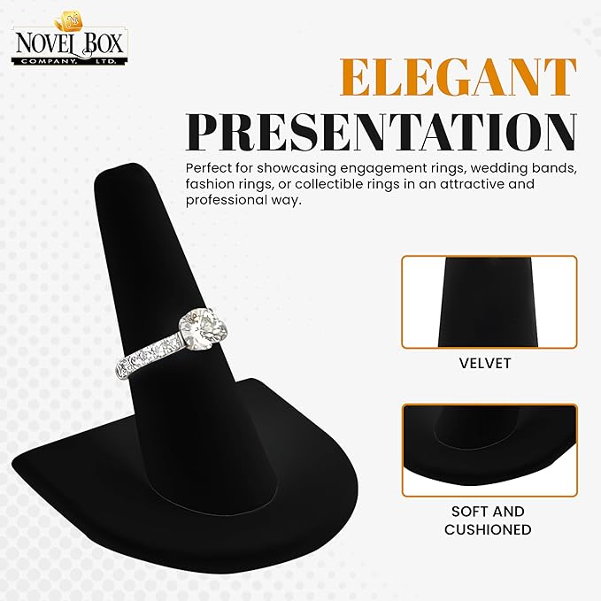 Novel Box 2 Pack Black Velvet Jewelry Ring Finger Display Stand 2x2x2.25 Inches with Square Base - Ring Holder Organizer Stand for Selling or Personal Use - Display Stands for Rings