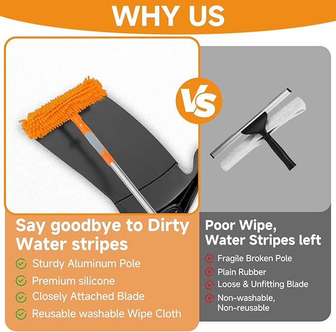 67" Squeegee Window Cleaner 2 in 1 Rotatable Window Cleaning Tool Kit with Extension Pole, Window Washing Equipment with Bendable Head for Indoor & Outdoor High Windows and Car Glass