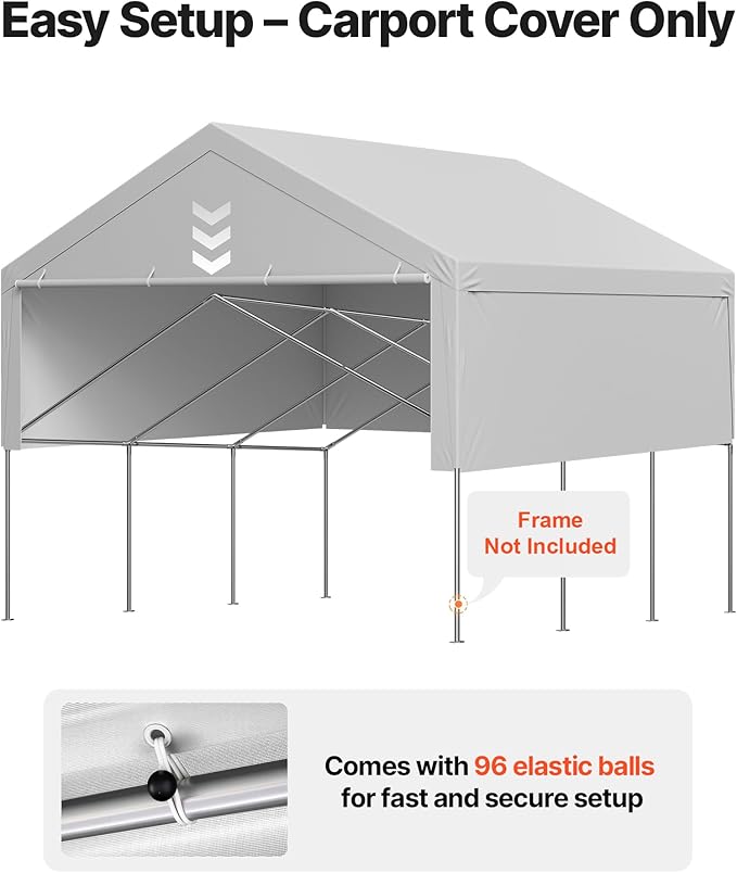 VEVOR Carport Replacement Canopy Cover, 20 x 20 ft Potable Garage Tent Top Tarp with Sidewalls, UV-Resistant & Waterproof, Heavy Duty Car Shelter Tarp with Ball Buggees, Grey, Frame Not Included