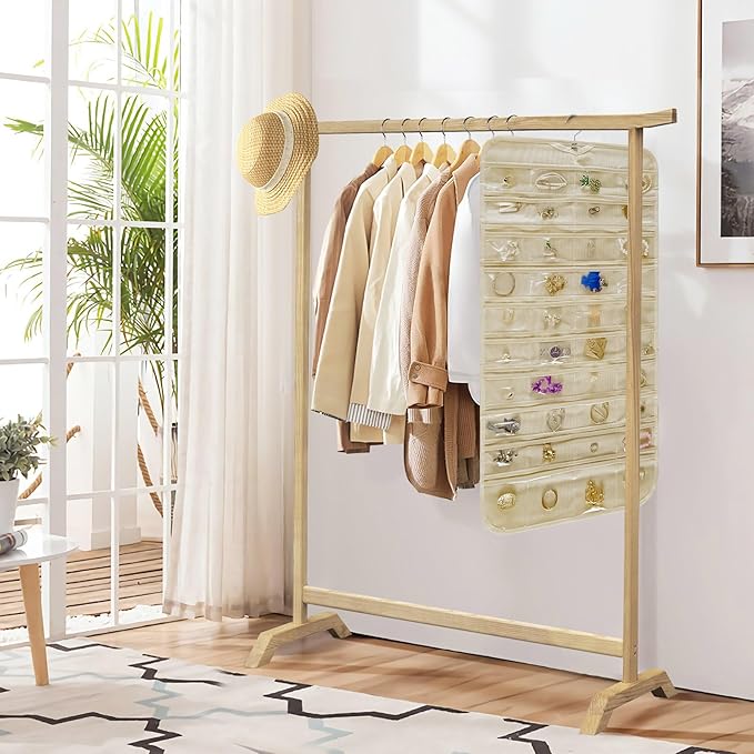 Hanging Jewelry Organizer Storage Roll with Hanger Metal Hooks Double-Sided Jewelry Holder for Necklaces, Earrings, Rings on Door, Wall, Closet, 48 Pocket Organizer,Beige