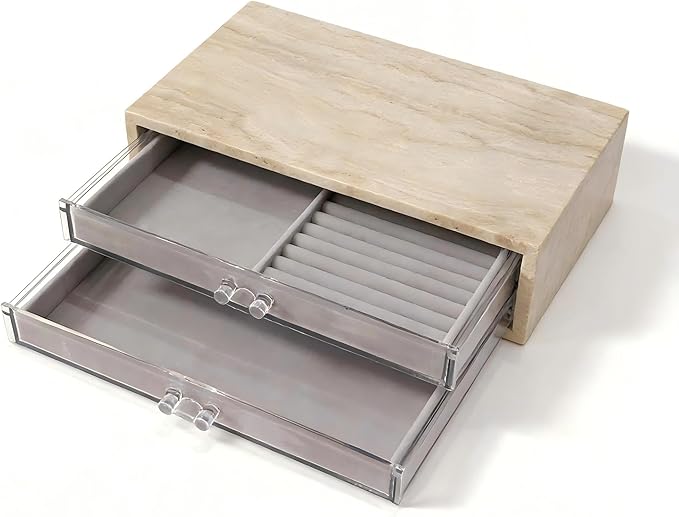 Natural Travertine Jewelry Box with 2 or 3 Drawer Organizers, Velvet Lined Storage for Rings and Necklaces (Large-2)