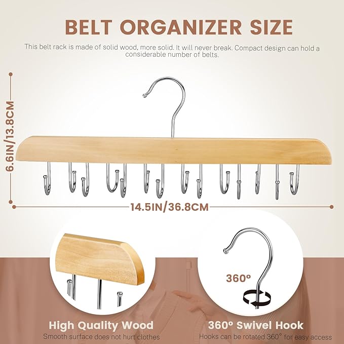 Solid Wood Belt Hanger for Closet, 14 Hooks Belt Organizer Space Saver, 360° Rotating Belt Holder Tie Rack for Men Women Dorm Bra Purse Scarf Tank Top Storage Accessories (Beige)