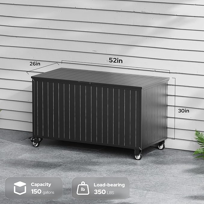 Outdoor Storage Box with Wheels 150 Gallon, Metal Deck Boxes Waterproof, UV Resistant Patio Storage Box with Lid for Patio Furniture, Garden Tools (Black)